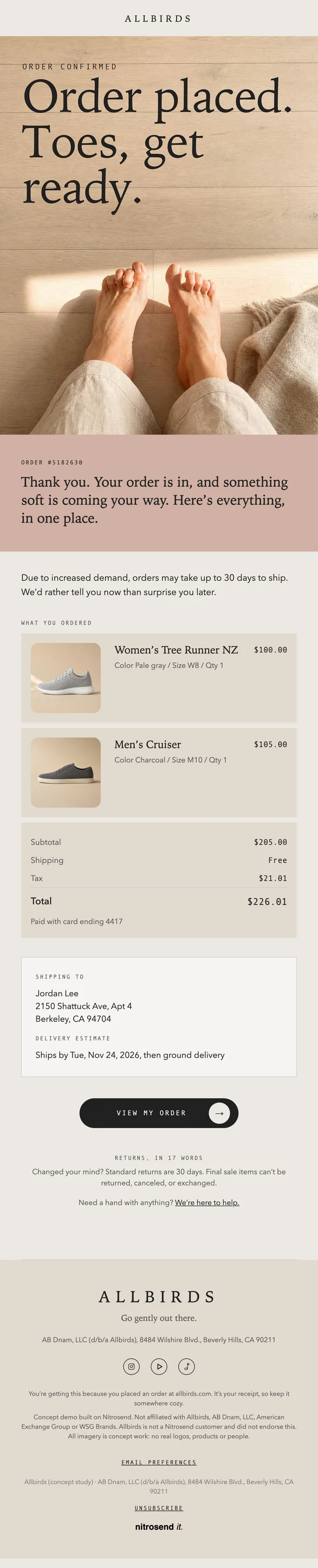 Allbirds order confirmation email, a concept designed using the Nitrosend MCP