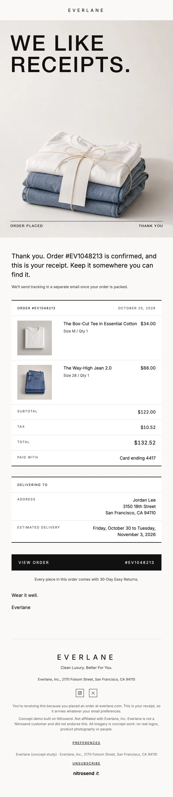 Everlane order confirmation email, a concept designed using the Nitrosend MCP