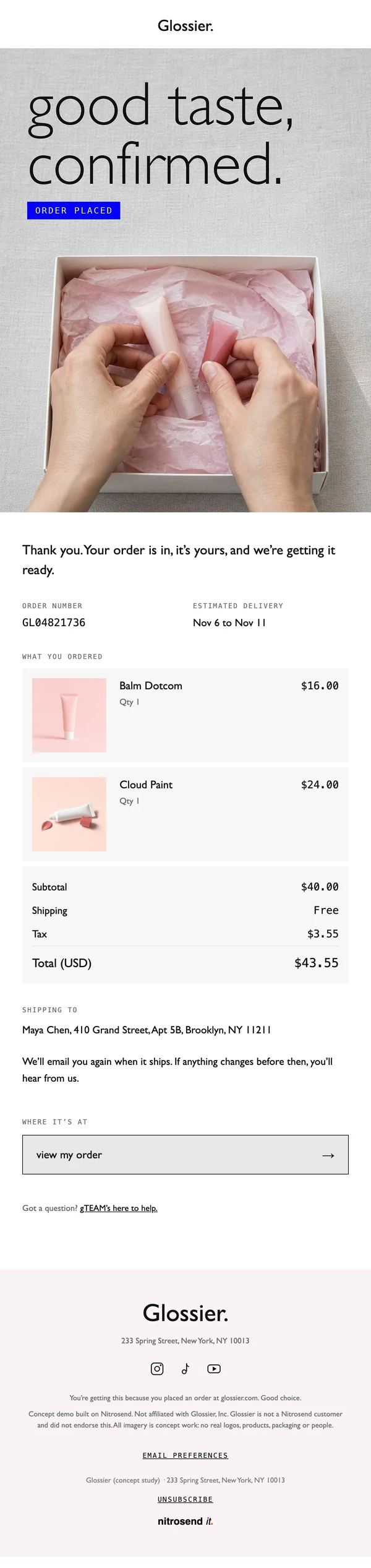 Glossier order confirmation email, a concept designed using the Nitrosend MCP