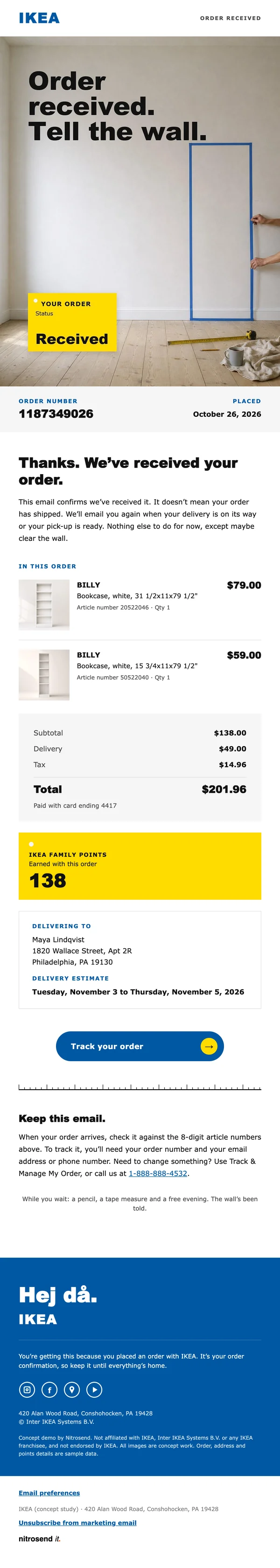 IKEA order confirmation email, a concept designed using the Nitrosend MCP