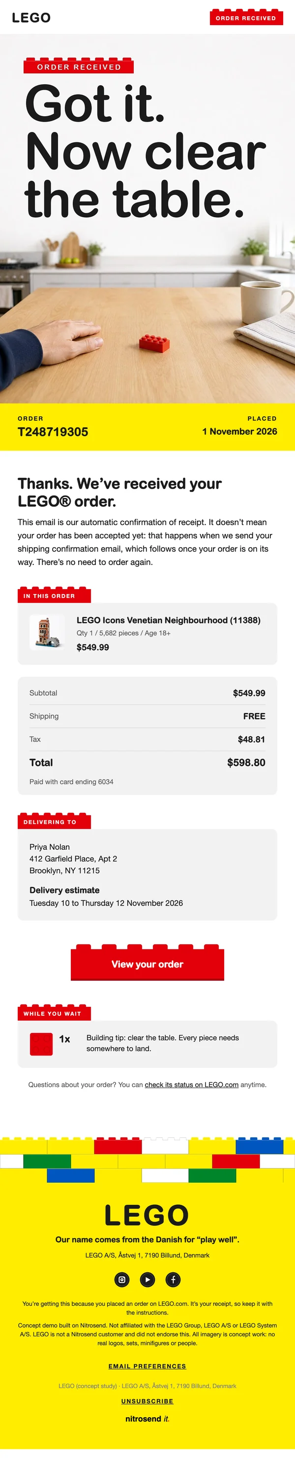 LEGO order confirmation email, a concept designed using the Nitrosend MCP